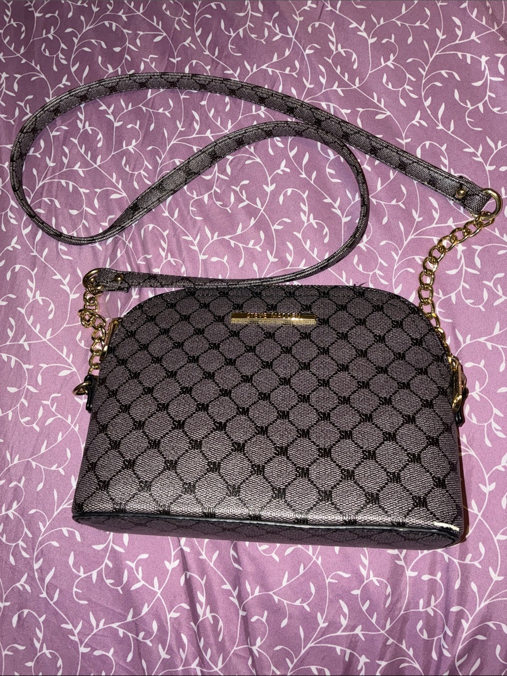 Steve Madden Black Patterned Crossbody Bag with Gold Accents